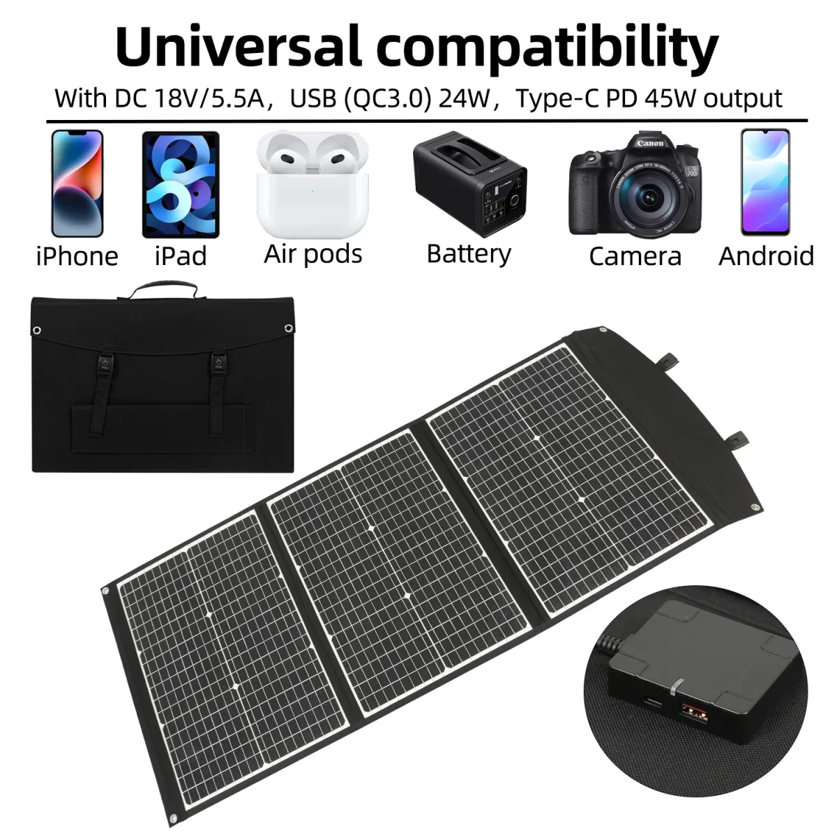 Pannello solare pieghevole impermeabile, attento ed efficiente, celle solari per campeggio all'aperto, caricatore per borsa, 100 W - immagine 5