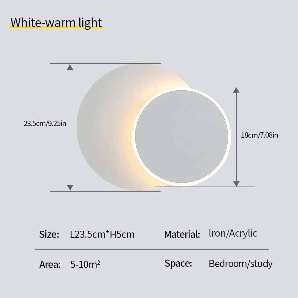 Lampada da parete per interni 12W bianca, lampada da parete moderna a LED, Creative Eclipse 2 in 1, ruotabile a 360 gradi 3000K bianco caldo, luce di illuminazione per soggiorno, scala, camera da letto - immagine 7
