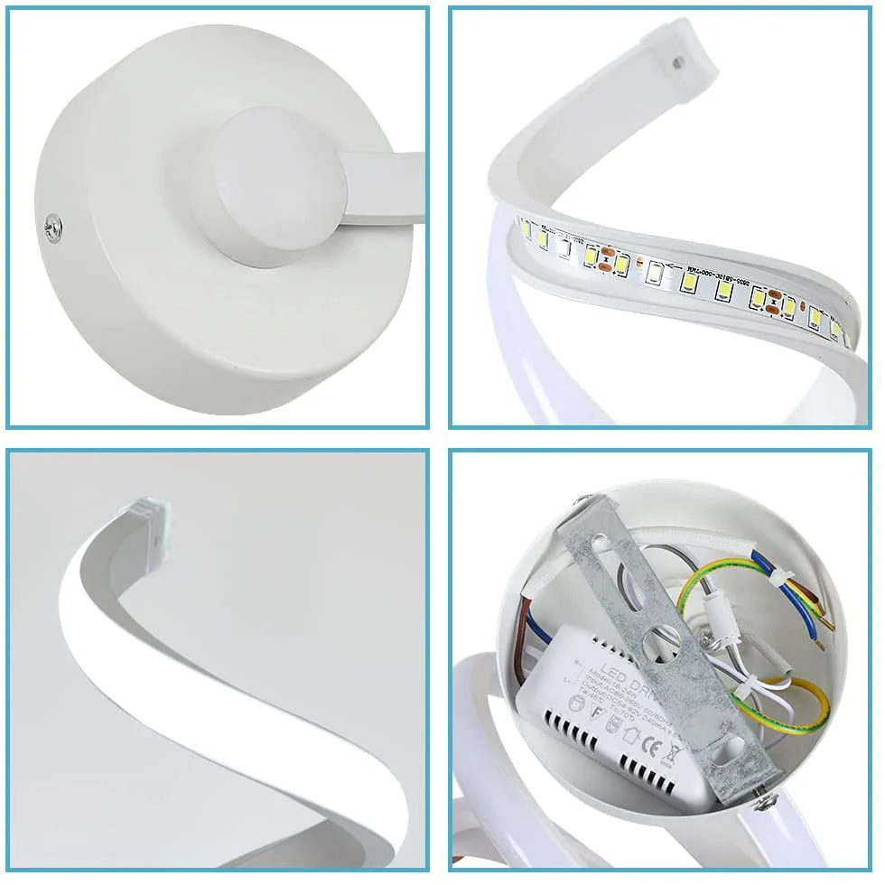 Lampada da parete per interni, lampada da parete a LED moderna creatività minimalista 24W 1900LM, lampada da parete a LED a spirale, lampada da parete a LED in alluminio bianco, per camera da letto, soggiorno, scala, corridoio - immagine 7