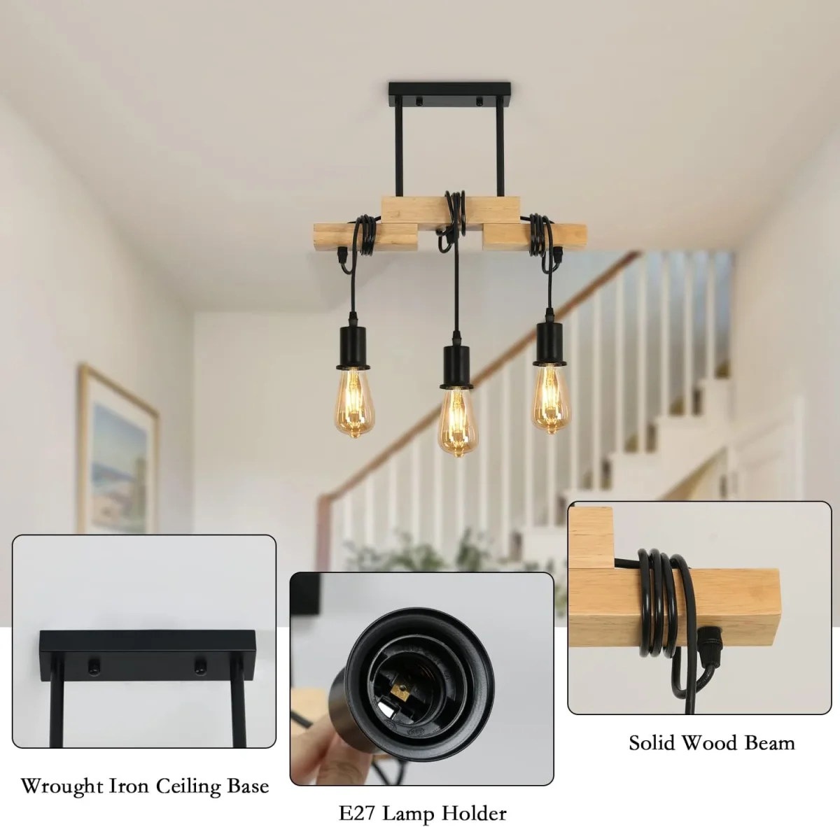 Lampadario vintage in legno lampada a sospensione per soggiorno camera da letto sala da pranzo ufficio bar caffetteria base nera E27 - immagine 6