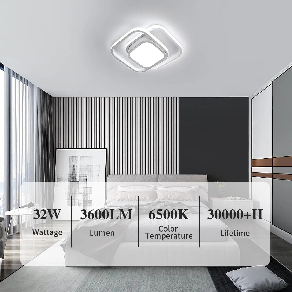 Plafoniera a LED 32W Moderna Bianco Freddo 6500K Lampada da soffitto quadrata per soggiorno Camera da letto Sala da pranzo Ufficio Bianco - immagine 3