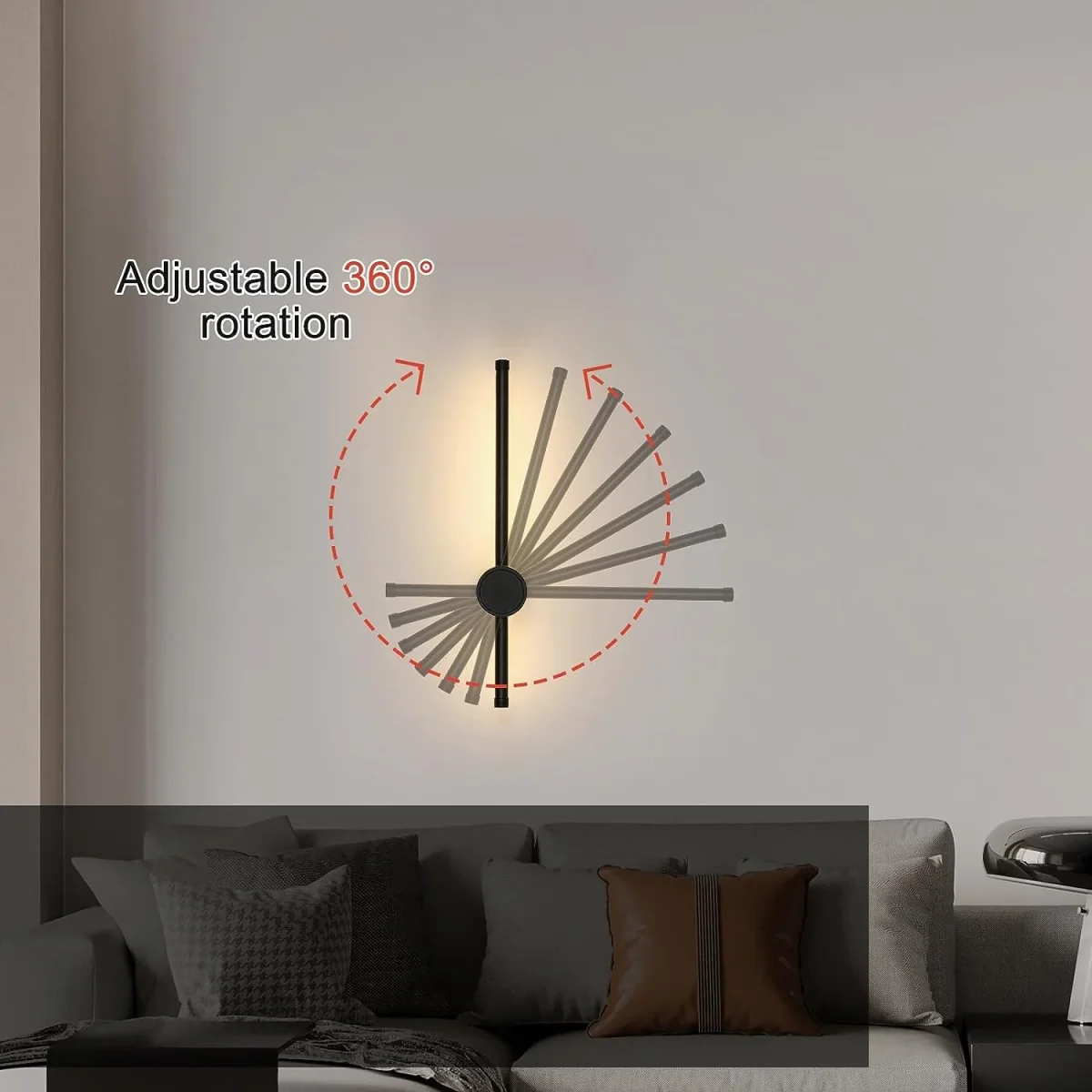 Lampada da parete moderna a LED a forma di linea Girevole a 360 ° Bianco caldo 3000K per soggiorno, camera da letto, corridoio, ingresso Nero 40 cm - immagine 4
